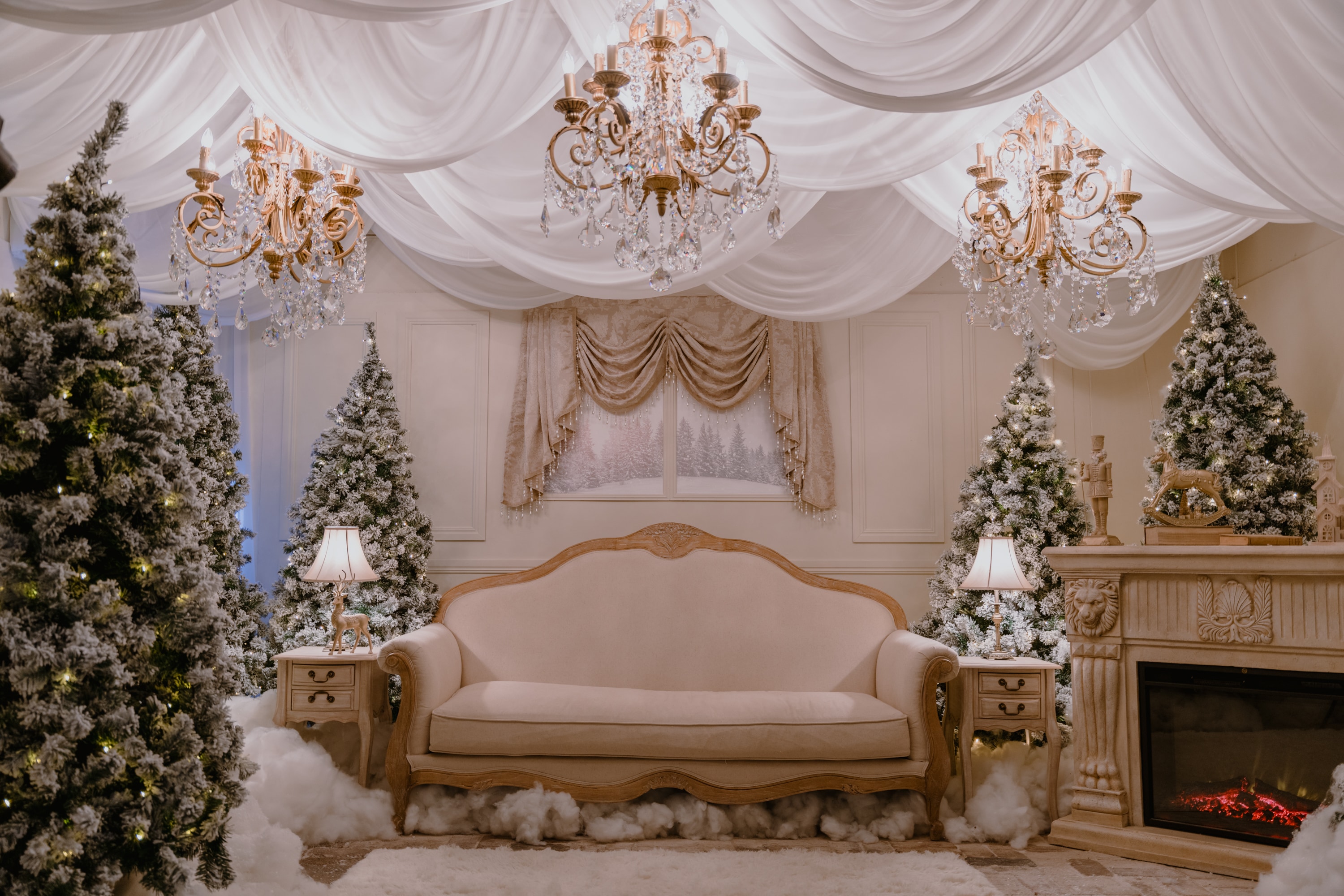 The Amelias chandelier hire Sydney — gold frame elongated crystal strand chandeliers for weddings and receptions