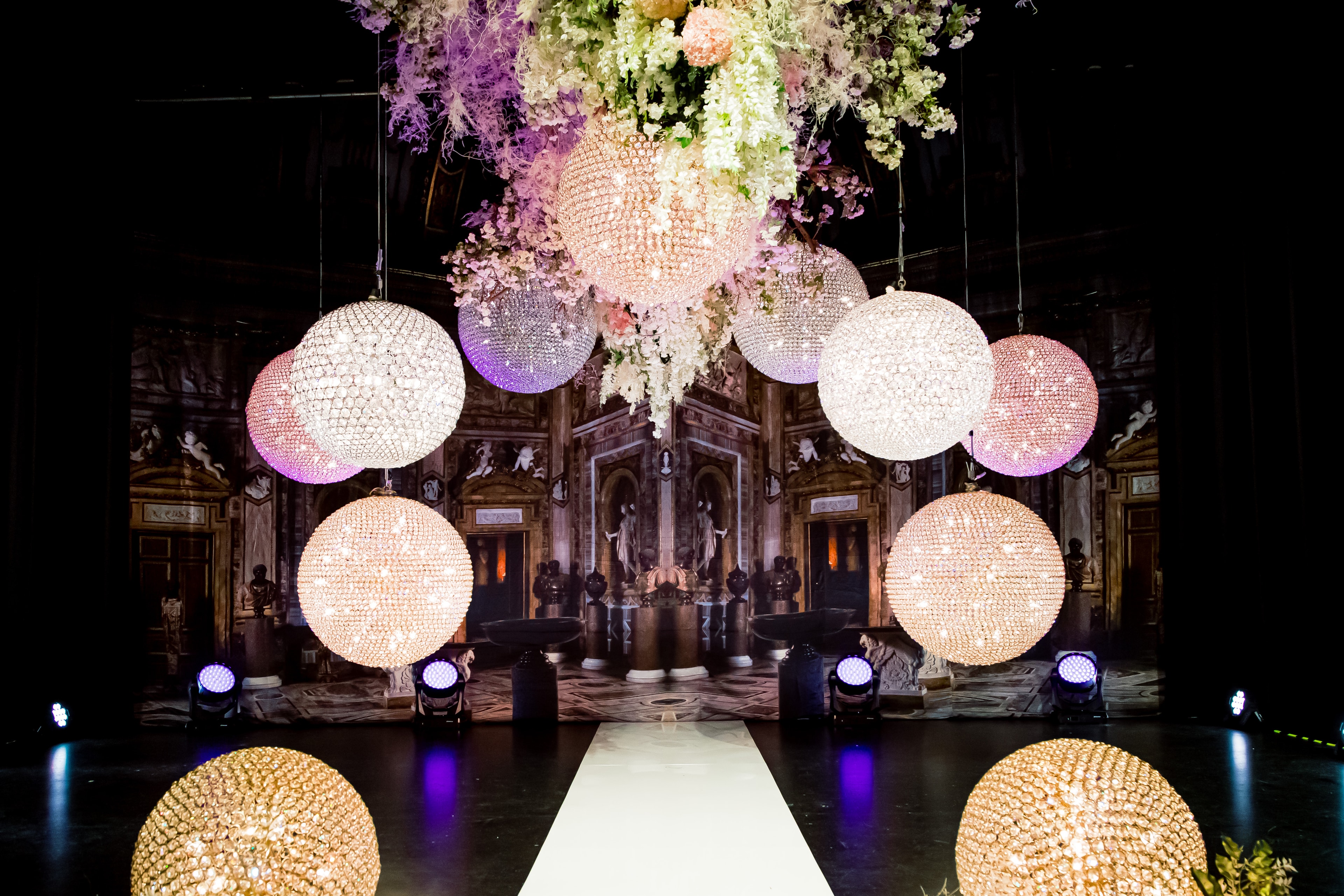 Crystal Ball chandelier hire Sydney — contemporary sphere crystal lights in three sizes for weddings and events