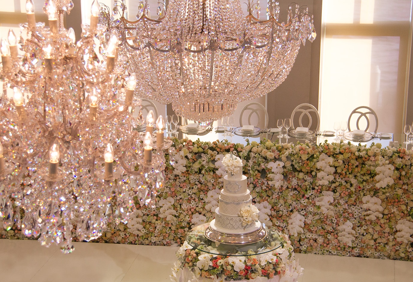 Queen Elizabeth chandelier hire Sydney — restored 280cm silver gilt waterfall basket chandelier, one of a kind