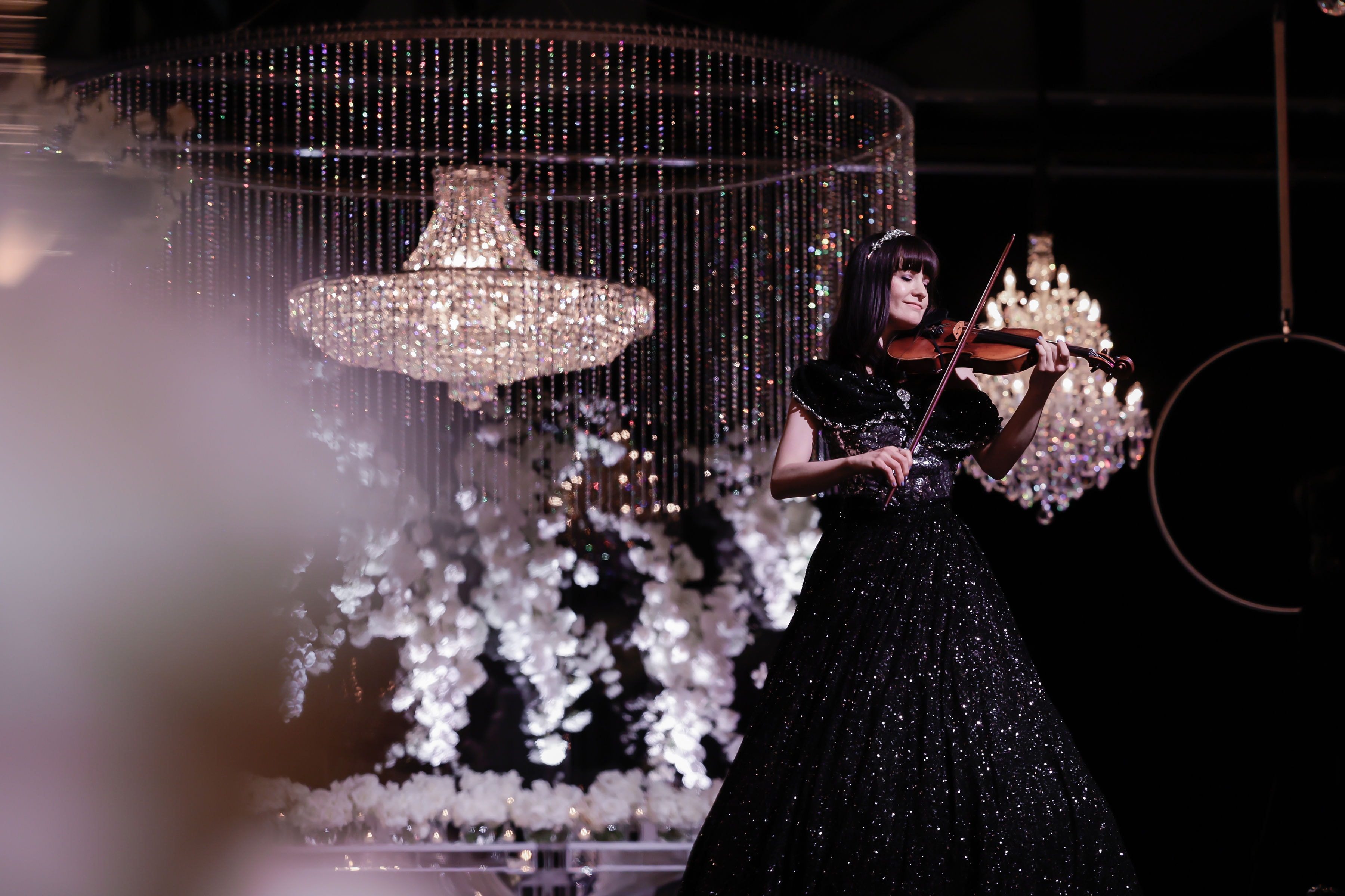 Crystal chandelier canopy installation at a Sydney wedding string quartet evening — Chandeliers to Die For