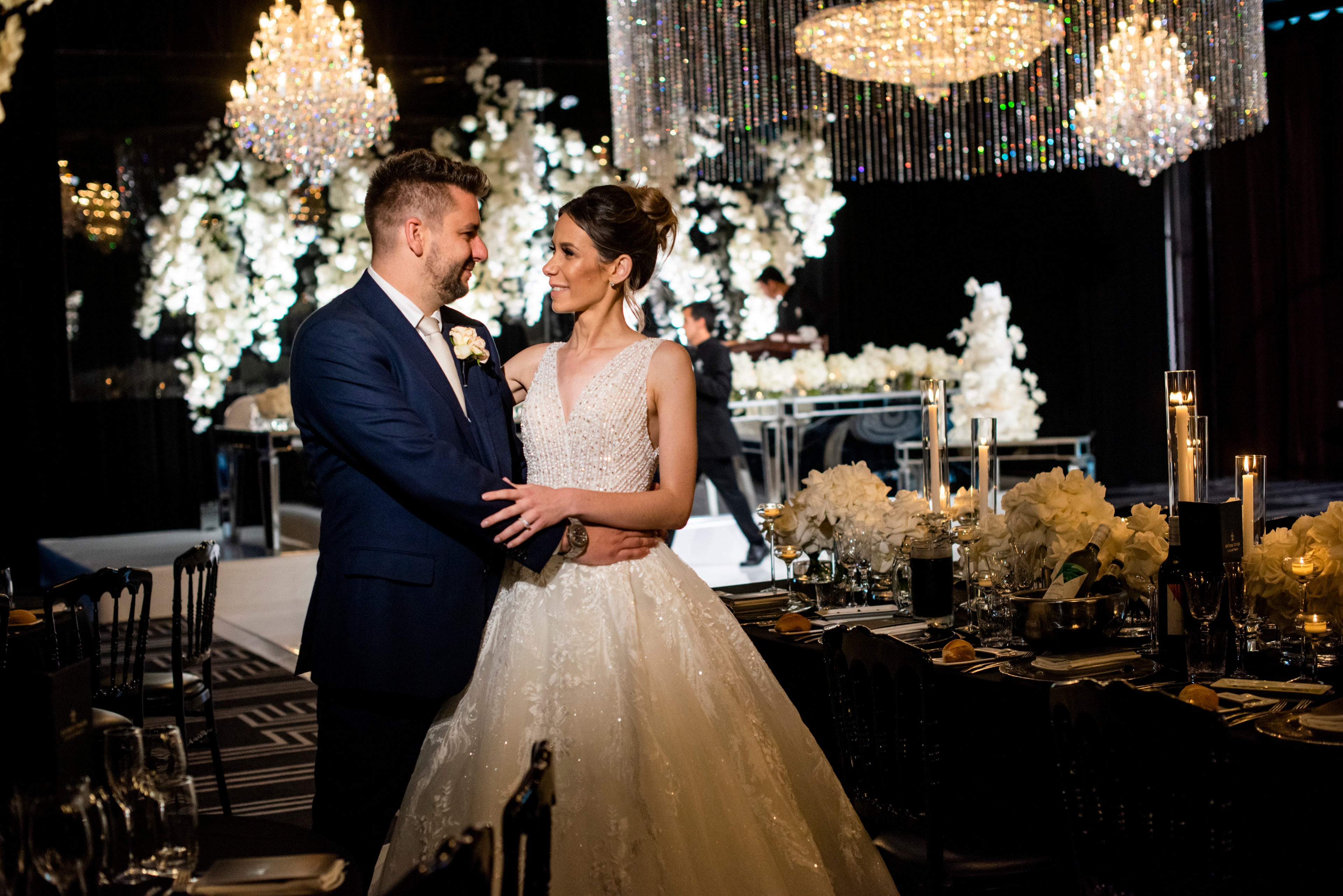 Palatial backdrop hire Sydney, custom crystal and floral wedding backdrop structures for reception and event styling