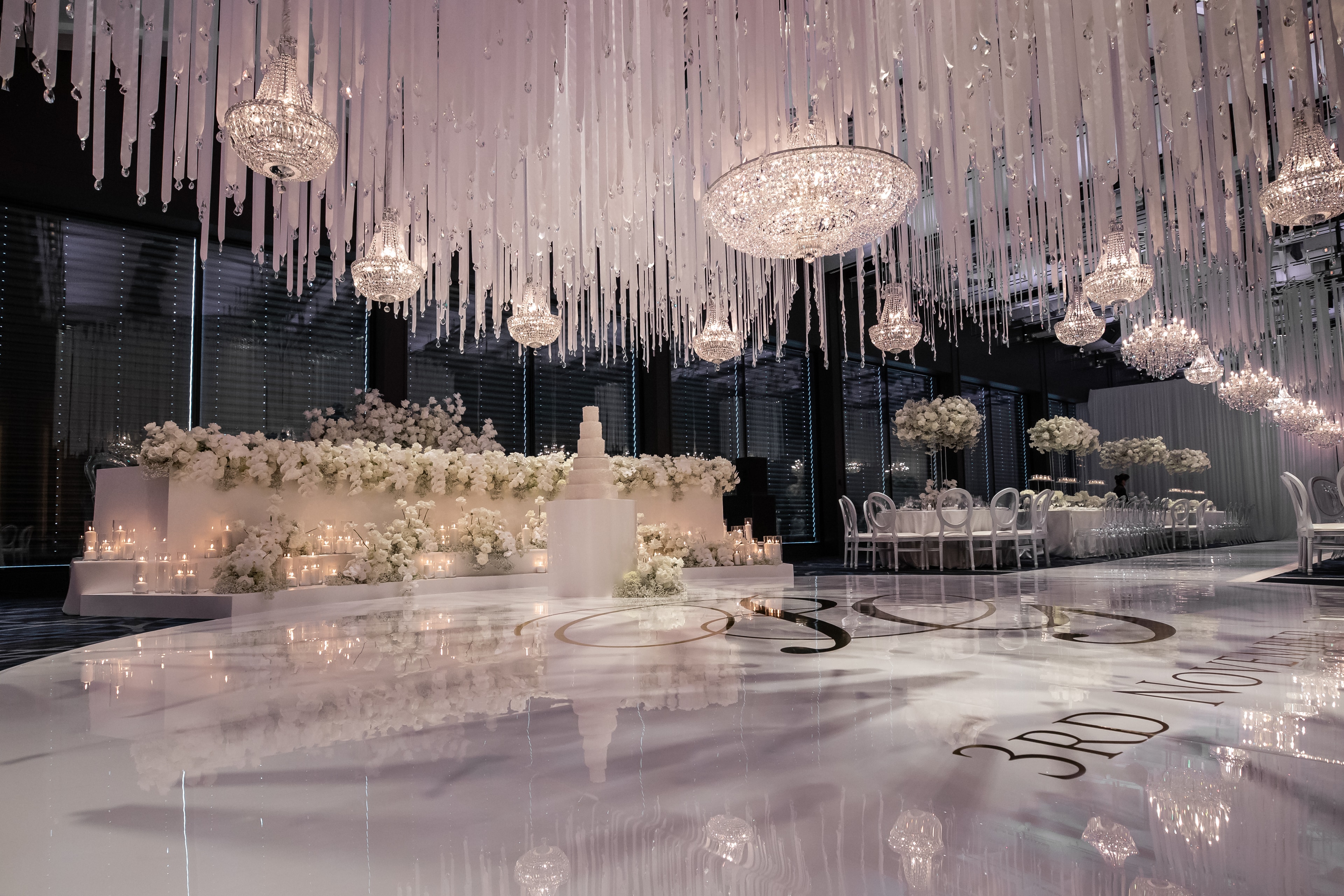 Ribbon crystal ceiling installation hire Sydney, cascading crystal ribbon strand canopy for luxury weddings and galas