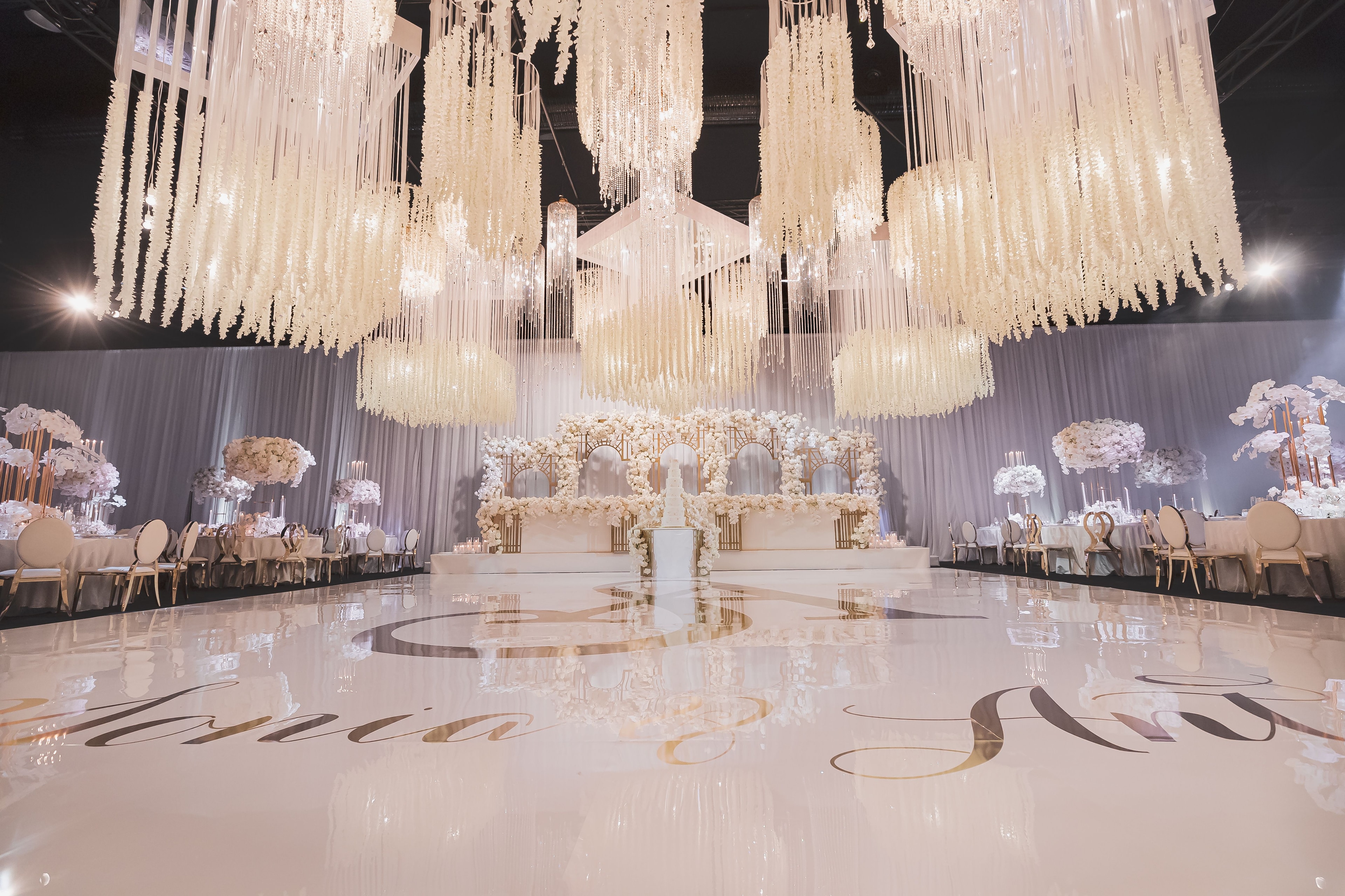 Luxury crystal chandelier at a grand Sydney ballroom event