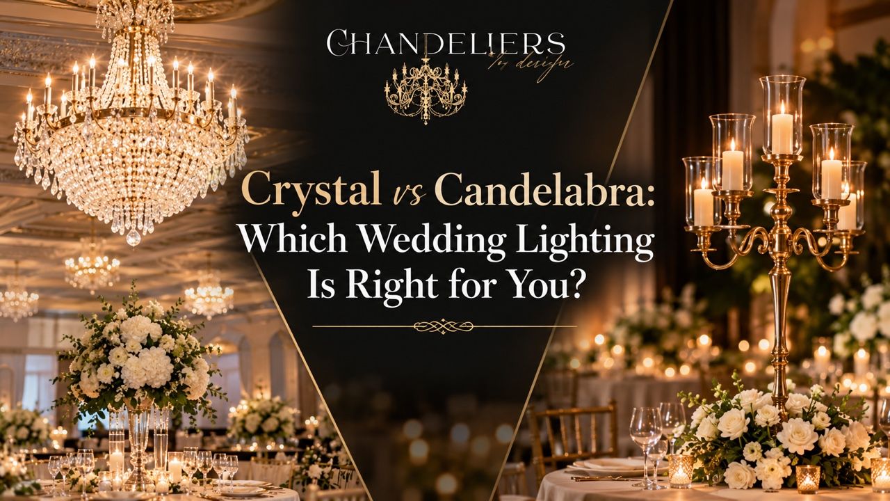 Crystal chandelier and gold candelabra side by side at a wedding reception