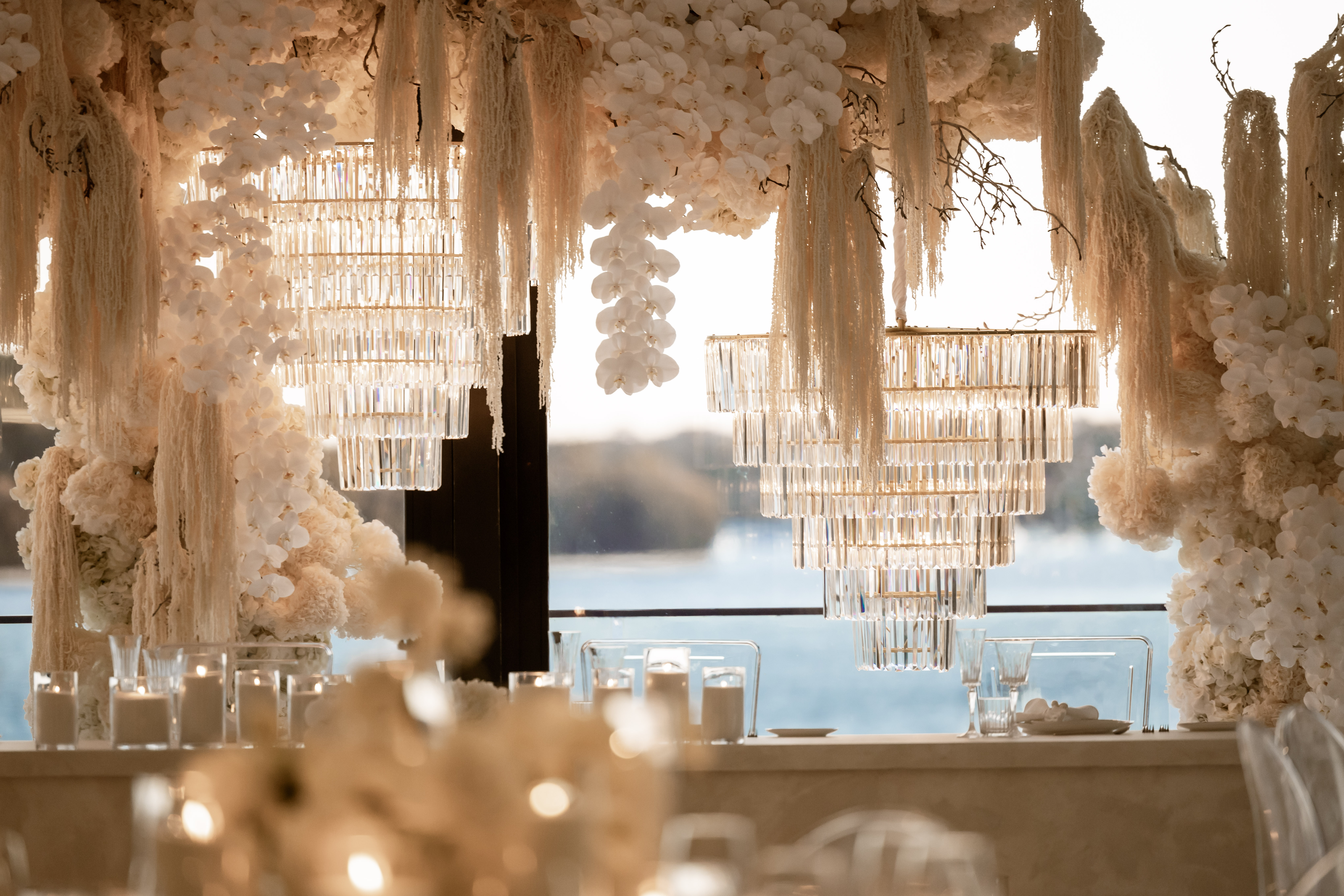 The Gatsby Art Deco waterfall chandelier hire Sydney, 7-tier cascading crystal chandelier for weddings and galas